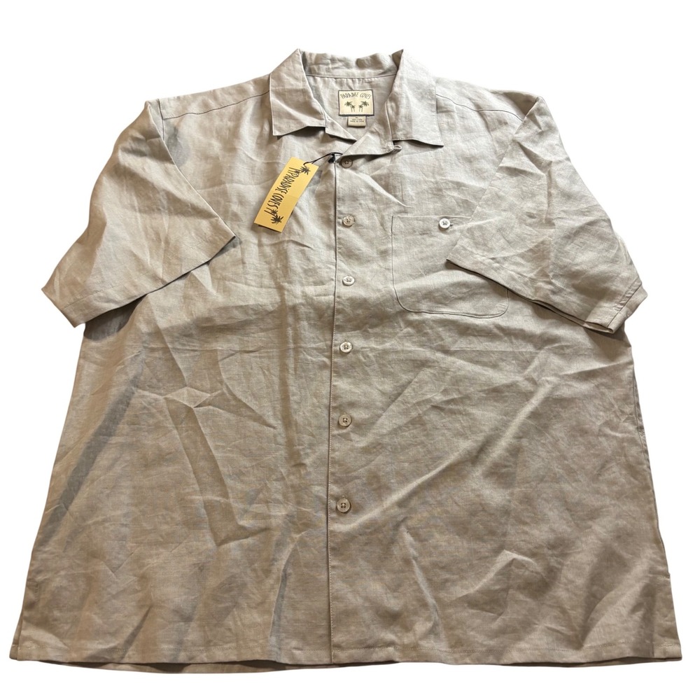 Paradise Coves Mens XL Linen Short Sleeve‎ Button Up Shirt Tan Beige Camp Collar